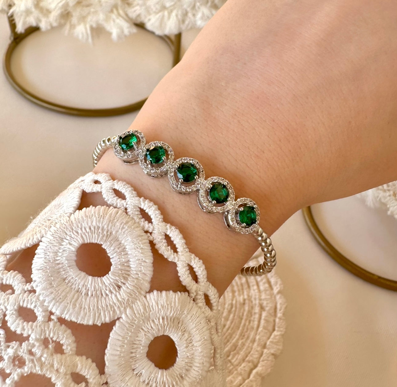 Emerald silver bangle