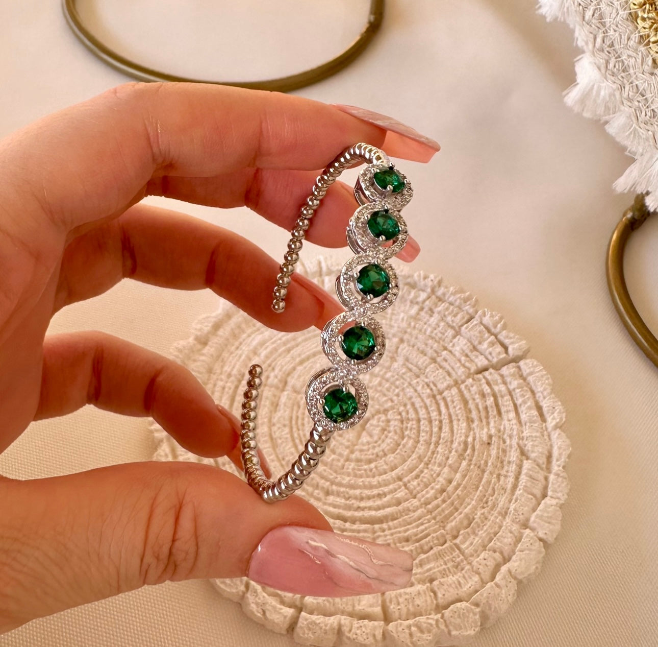 Emerald silver bangle